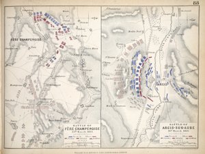 Mapa da Batalha de Fere Champenoise e da Batalha de Arcis-Sur-Aube, publicado por William Blackwood and Sons, Edimburgo e Londres, 1848 (gravura colorida à mão)